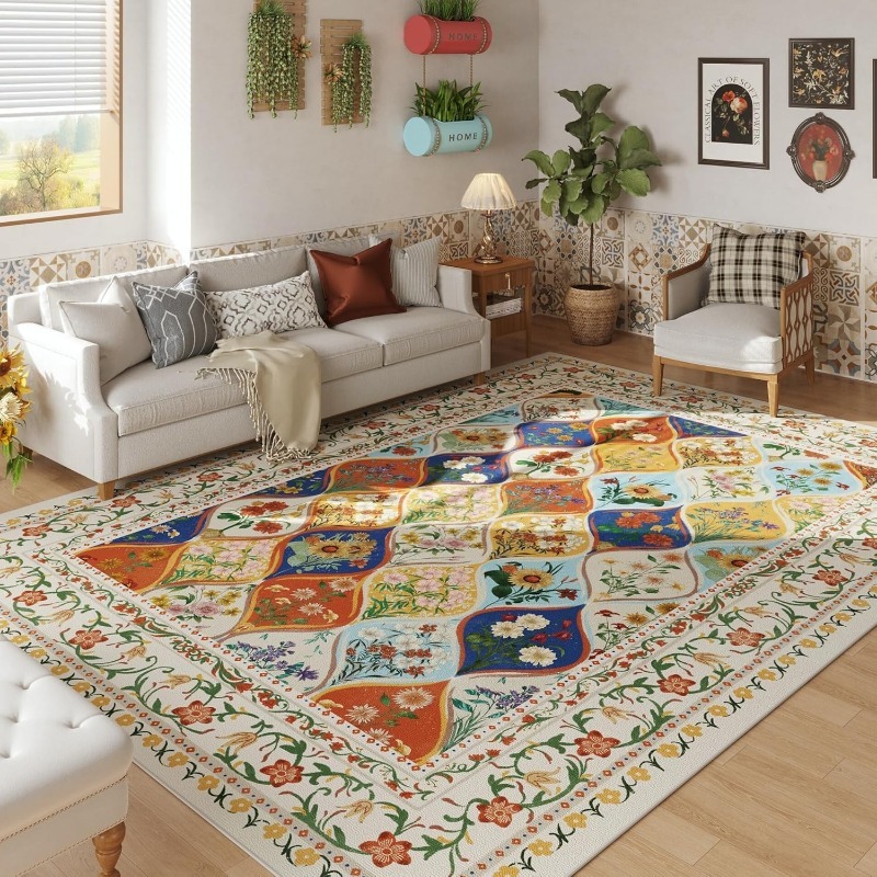 Coffee Equipment At Home - Bohemian Floral Pattern Living Room Carpet